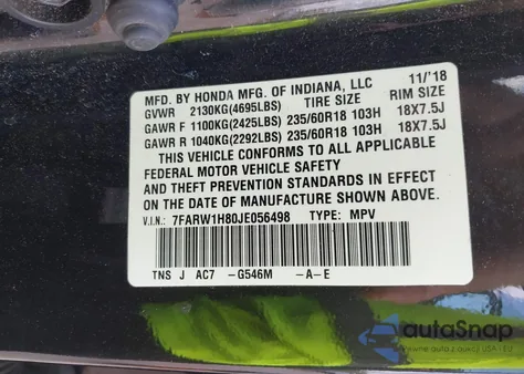 2018 Honda Cr-V Ex-L/Ex-L Navi from USA, damaged, VIN 7FARW1H80JE056498